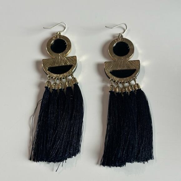 Black Art Deco Tassel Dangle Earrings - Picture 2 of 3